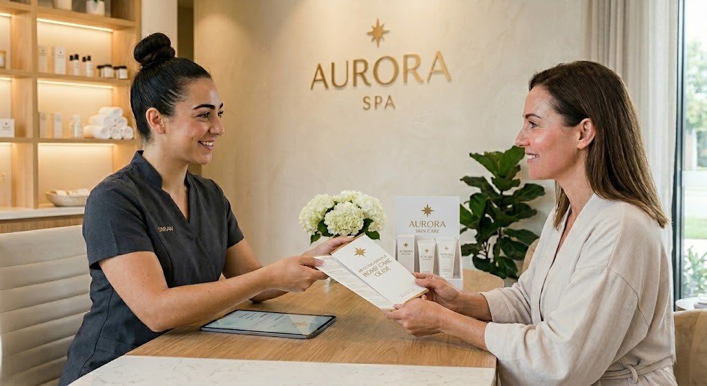 A Professional Esthetician Explaining Home-Care Product Benefits To A Client After A Treatment.