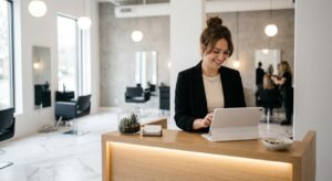 A Salon Receptionist Using Digital Software To Manage Appointments At A Modern, High-End Spa Reception Desk.