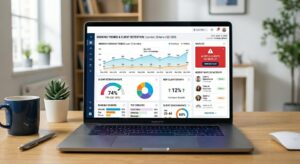 A Beauty Business Owner Reviewing Salon Performance Metrics And Waitlist Data On A Crm Dashboard.