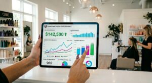 Business Owner Analyzing Salon Revenue And Service Performance Reports On A Tablet.