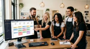 Professional Salon Staff Reviewing Their Daily Service Schedule On A Digital Dashboard.