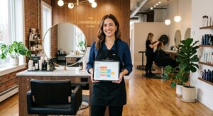 Salon Owner Managing Her Schedule Using Professional Salon Appointment Software To Reduce No-Shows.