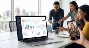 A Diverse Marketing Team In A Modern London, Ontario Office Gathers Enthusiastically Around A Laptop Dashboard Showing Colorful Real-Time Graphics And Key Performance Indicators. The Central Screen Clearly Displays A Circular Graph Marked 'Social Media Engagement,' Symbolizing Collaborative, Data-Driven Strategy.